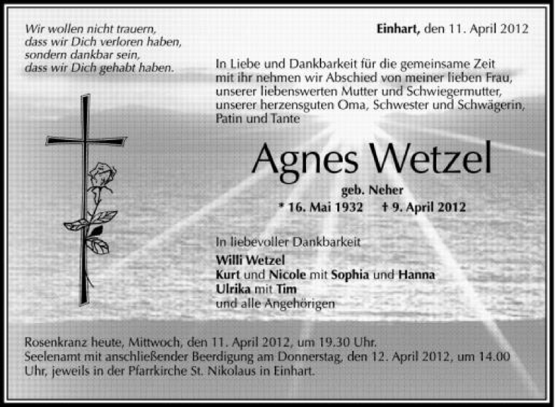  Traueranzeige für Agnes Wetzel vom 11.04.2012 aus Schwäbische Zeitung