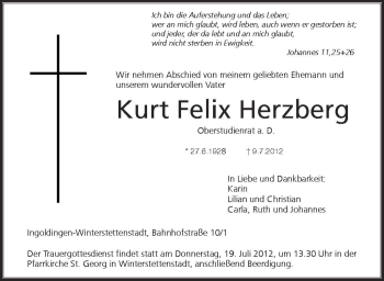 Anzeige von Kurt Felix Herzenberg von Schwäbische Zeitung