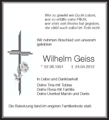 Anzeige von Wilhelm Geiss von Schwäbische Zeitung