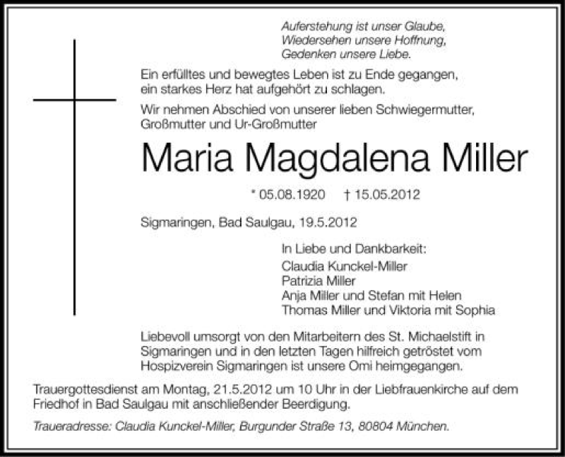  Traueranzeige für Maria Magdalena Miller vom 19.05.2012 aus Schwäbische Zeitung