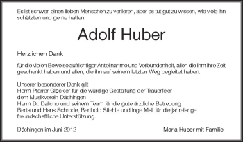 Anzeige von Adolf Huber von Schwäbische Zeitung