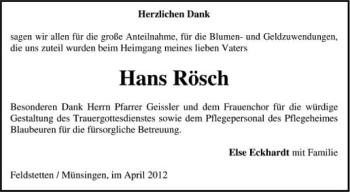 Anzeige von Hans Rösch von Schwäbische Zeitung