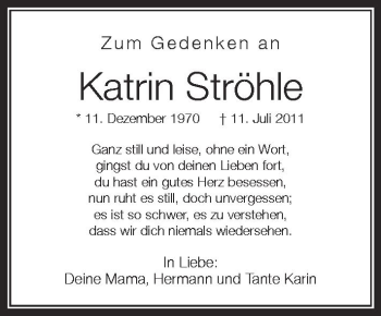 Anzeige von Katrin Ströhle von Schwäbische Zeitung
