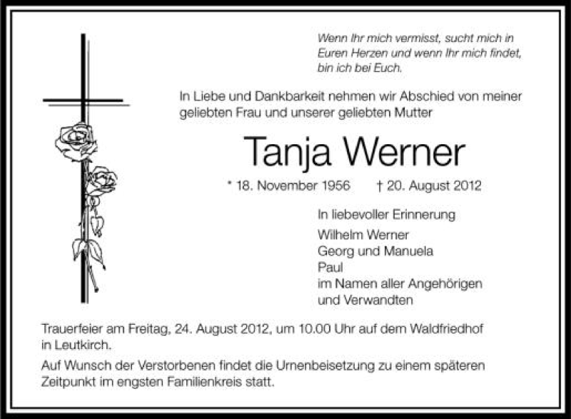  Traueranzeige für Tanja Werner vom 22.08.2012 aus Schwäbische Zeitung