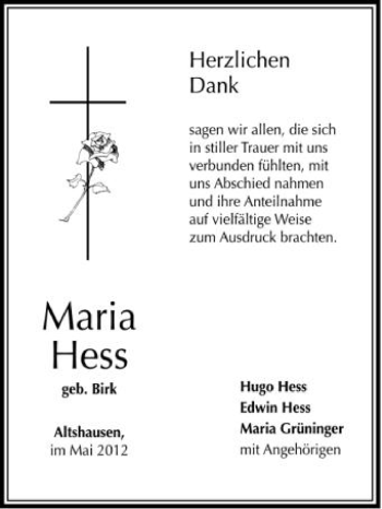 Anzeige von Maria Hess von Schwäbische Zeitung