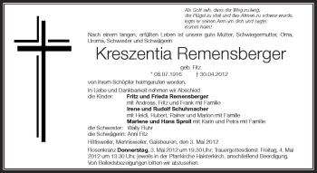 Anzeige von Kreszentina Remensberger von Schwäbische Zeitung