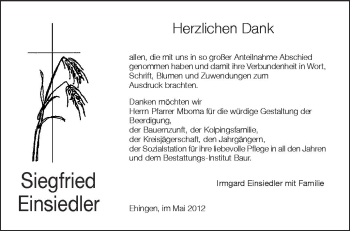 Anzeige von Siegfried Einsiedler von Schwäbische Zeitung