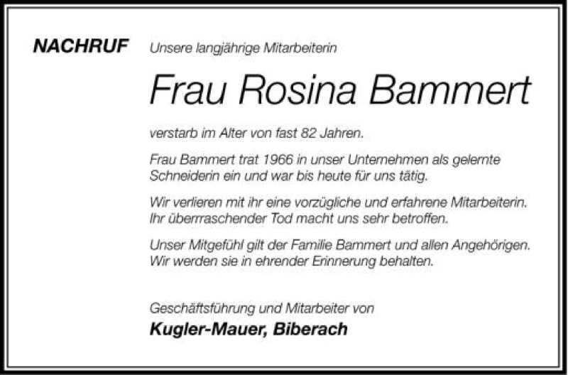  Traueranzeige für Rosina Bammert vom 20.10.2012 aus Schwäbische Zeitung