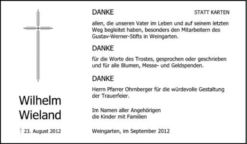  Traueranzeige für Wilhelm Wieland vom 06.09.2012 aus Schwäbische Zeitung