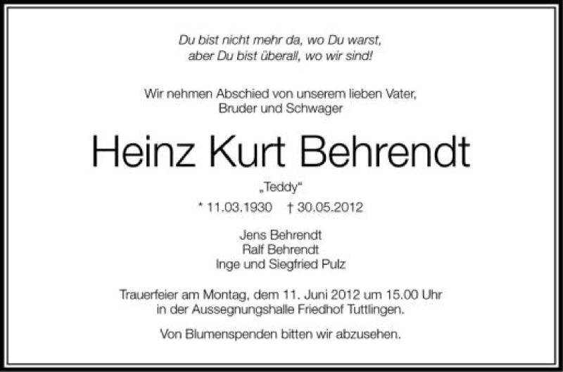  Traueranzeige für Heinz Kurt Behrendt vom 06.06.2012 aus Schwäbische Zeitung
