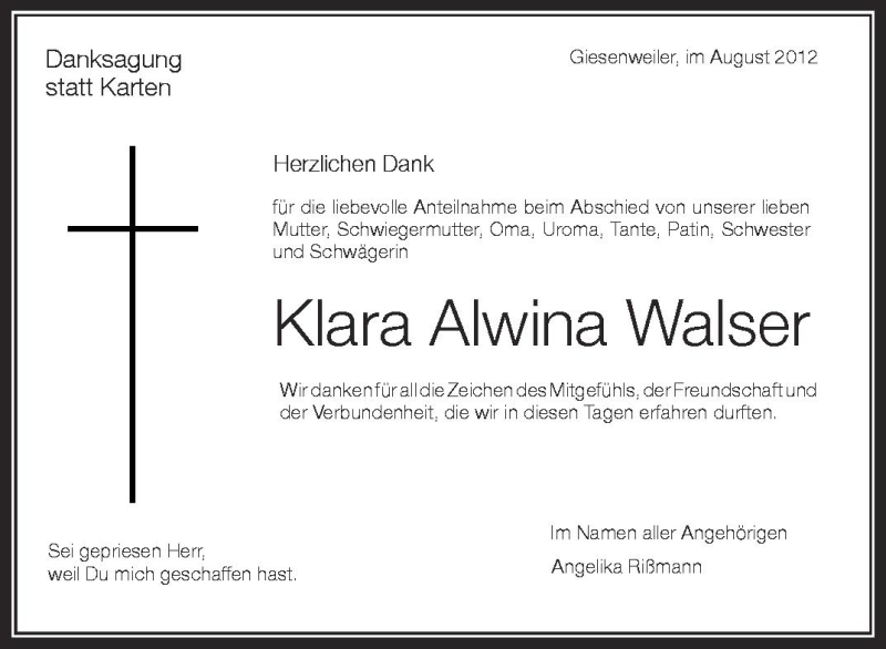  Traueranzeige für Klara Alwina Walser vom 25.08.2012 aus Schwäbische Zeitung