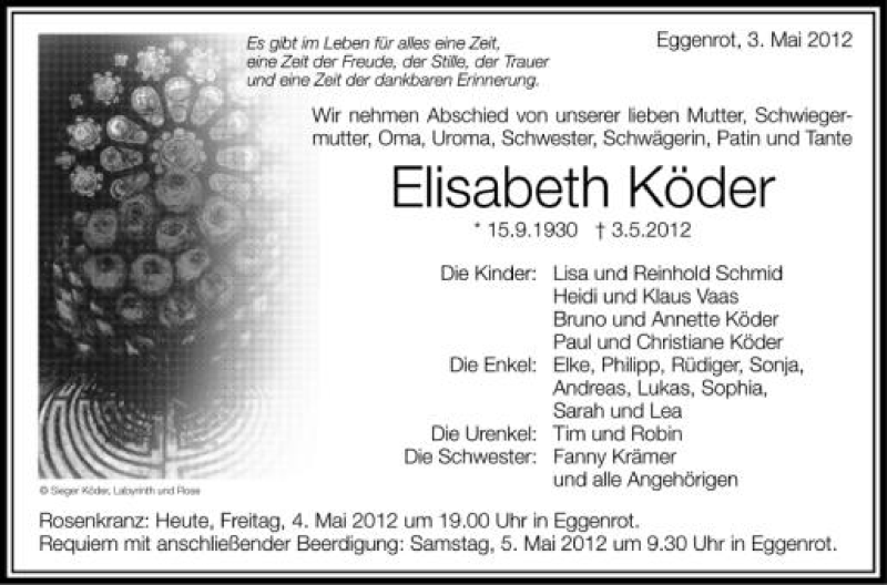  Traueranzeige für Elisabeth Köder vom 04.05.2012 aus Schwäbische Zeitung