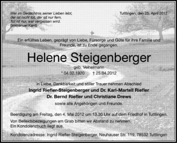 Anzeige von Helene Steigenberger von Schwäbische Zeitung
