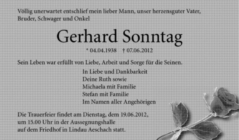  Traueranzeige für Gerhard Sonntag vom 13.06.2012 aus Schwäbische Zeitung