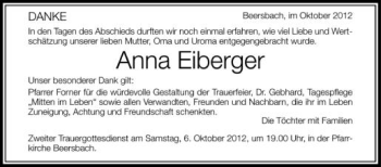 Anzeige von Anna Eiberger von Schwäbische Zeitung