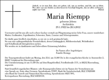 Anzeige von Maria Riempp von Schwäbische Zeitung