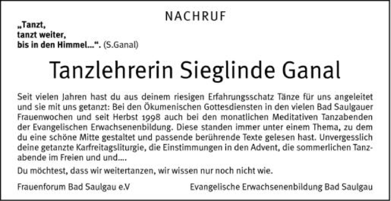  Traueranzeige für Sieglinde Ganal vom 14.07.2012 aus Schwäbische Zeitung