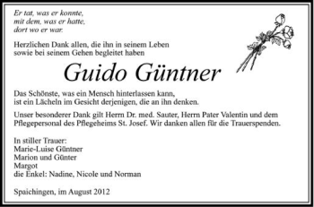 Anzeige von Guido Günter von Schwäbische Zeitung