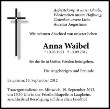 Anzeige von Anna Waibel von Schwäbische Zeitung