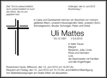 Anzeige von Uli Mattes von Schwäbische Zeitung