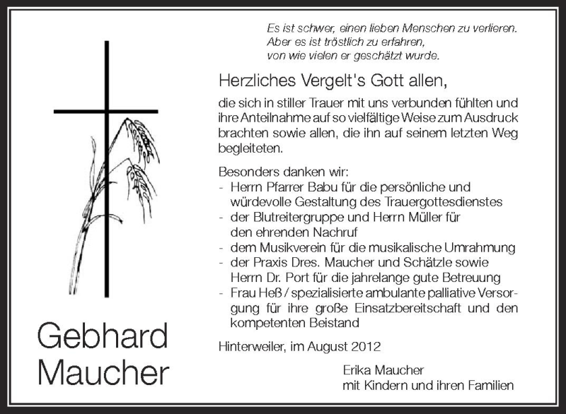  Traueranzeige für Gebhard Maucher vom 18.08.2012 aus Schwäbische Zeitung