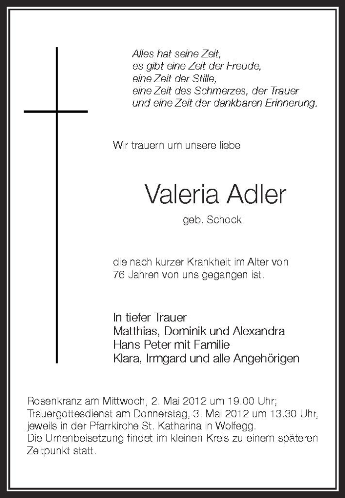  Traueranzeige für Valeria Adler vom 02.05.2012 aus Schwäbische Zeitung