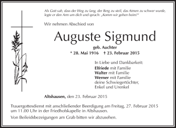 Anzeige von Auguste Sigmund von Schwäbische Zeitung