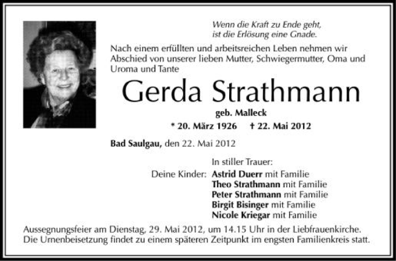  Traueranzeige für Gerda Strathmann vom 24.05.2012 aus Schwäbische Zeitung