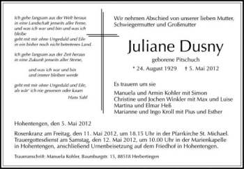 Anzeige von Juliane Dusny von Schwäbische Zeitung