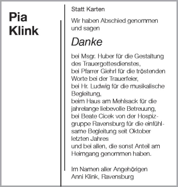 Anzeige von Pia Klink von Schwäbische Zeitung