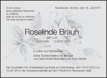 Anzeige von Roselinde Braun von Schwäbische Zeitung