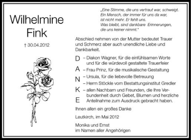  Traueranzeige für Wilhelmine Fink vom 19.05.2012 aus Schwäbische Zeitung