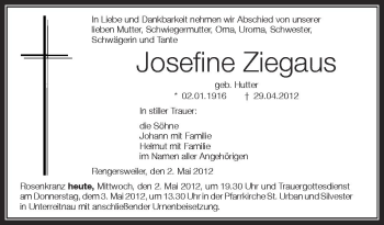 Anzeige von Josefine Ziegaus von Schwäbische Zeitung