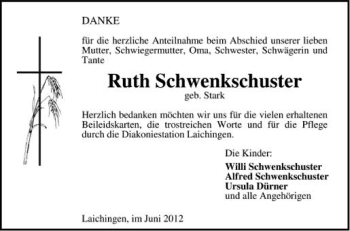 Anzeige von Ruth Schwenkschuster von Schwäbische Zeitung