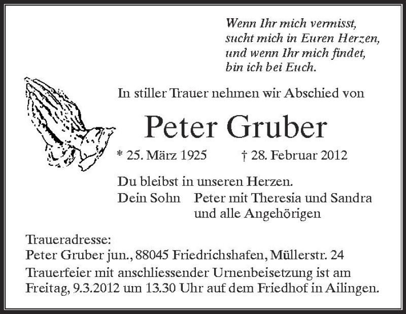  Traueranzeige für Peter Gruber vom 06.03.2012 aus Schwäbische Zeitung