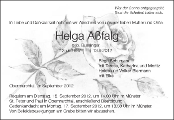 Anzeige von Helga Aßfalg von Schwäbische Zeitung
