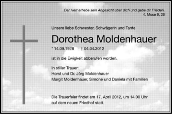 Anzeige von Dorothea Moldenhauer von Schwäbische Zeitung