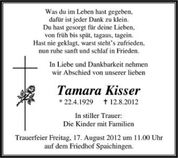 Anzeige von Tamara Kisser von Schwäbische Zeitung