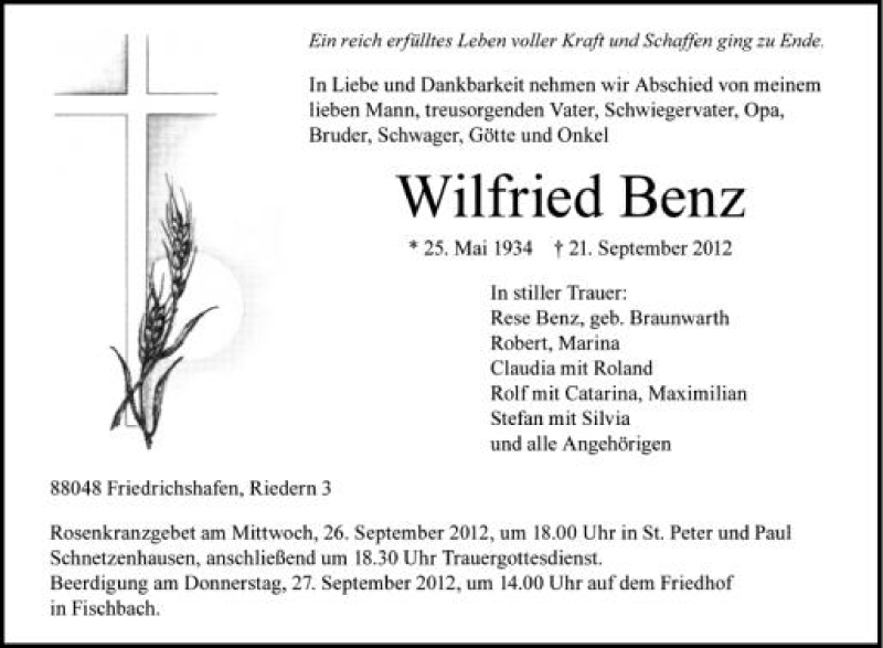  Traueranzeige für Wilfried Benz vom 25.09.2012 aus Schwäbische Zeitung