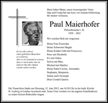 Anzeige von Paul Maierhofer von Schwäbische Zeitung