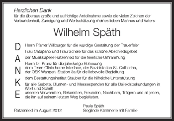 Anzeige von Wilhelm Späth von Schwäbische Zeitung