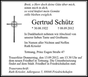 Anzeige von Gertrud Schütz von Schwäbische Zeitung
