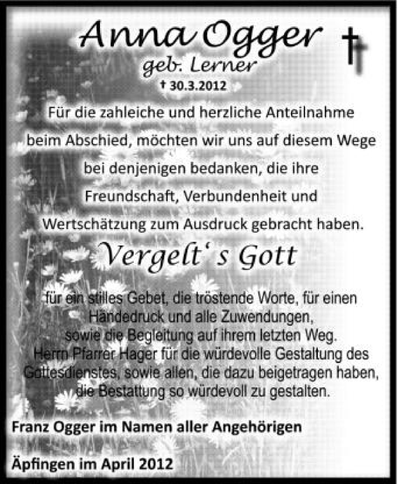 Traueranzeige für Anna Ogger vom 21.04.2012 aus Schwäbische Zeitung