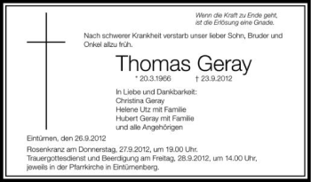 Anzeige von Thomas Geray von Schwäbische Zeitung