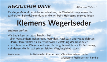 Anzeige von Klemens Wegertseder von Schwäbische Zeitung