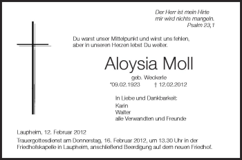 Anzeige von Aloysia Moll von Schwäbische Zeitung