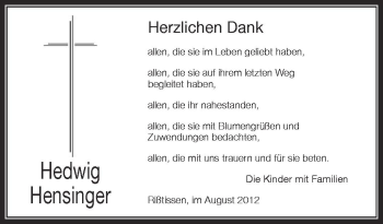 Anzeige von hedwig Hensinger von Schwäbische Zeitung