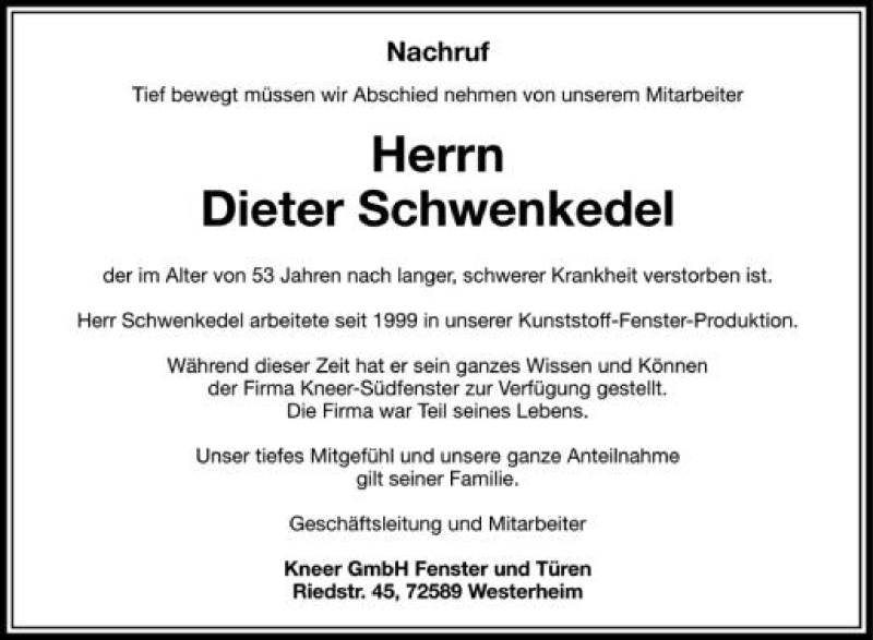  Traueranzeige für Dieter Schenkedel vom 29.08.2012 aus Schwäbische Zeitung