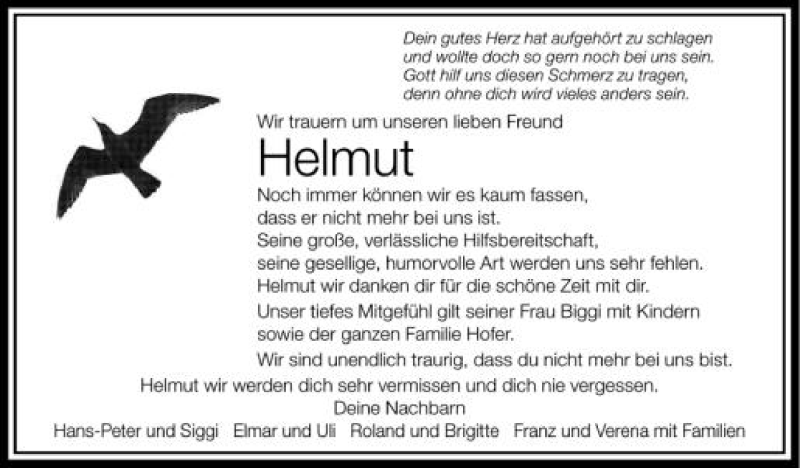  Traueranzeige für Helmut  vom 15.08.2012 aus Schwäbische Zeitung
