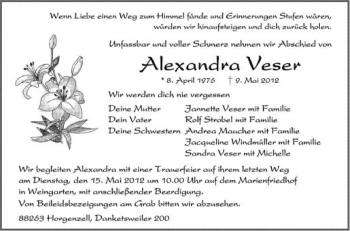 Anzeige von Alexandra Vesser von Schwäbische Zeitung
